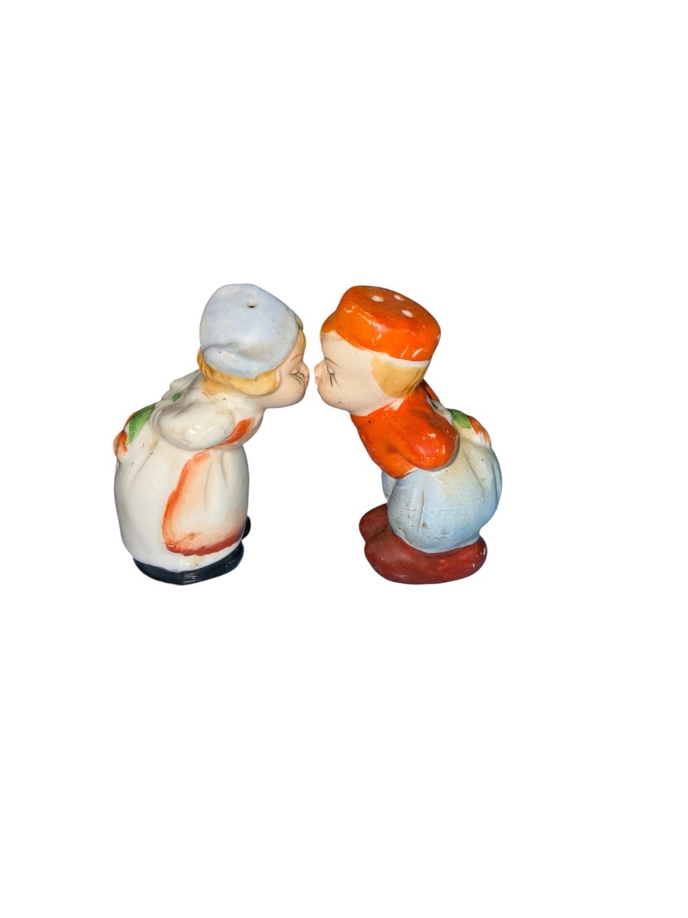 Vintage Dutch Boy & Girl Ceramic Salt and Pepper Shakers - Orange and Cream